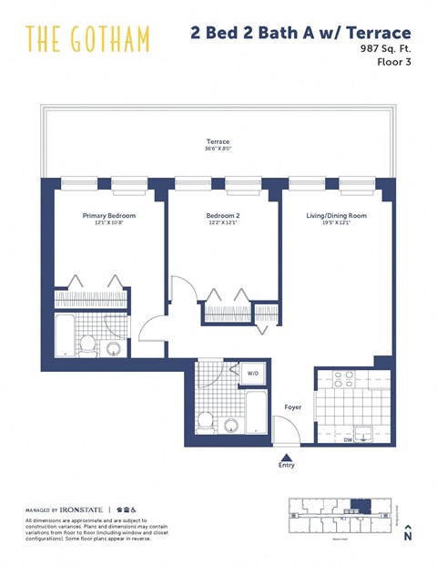 Floor plan for 2 beds, 2 baths, 987 sqft